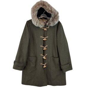 VTG J. Crew Army Green Wool Toggle Closure Duffle Coat with Fur Hood Size Large